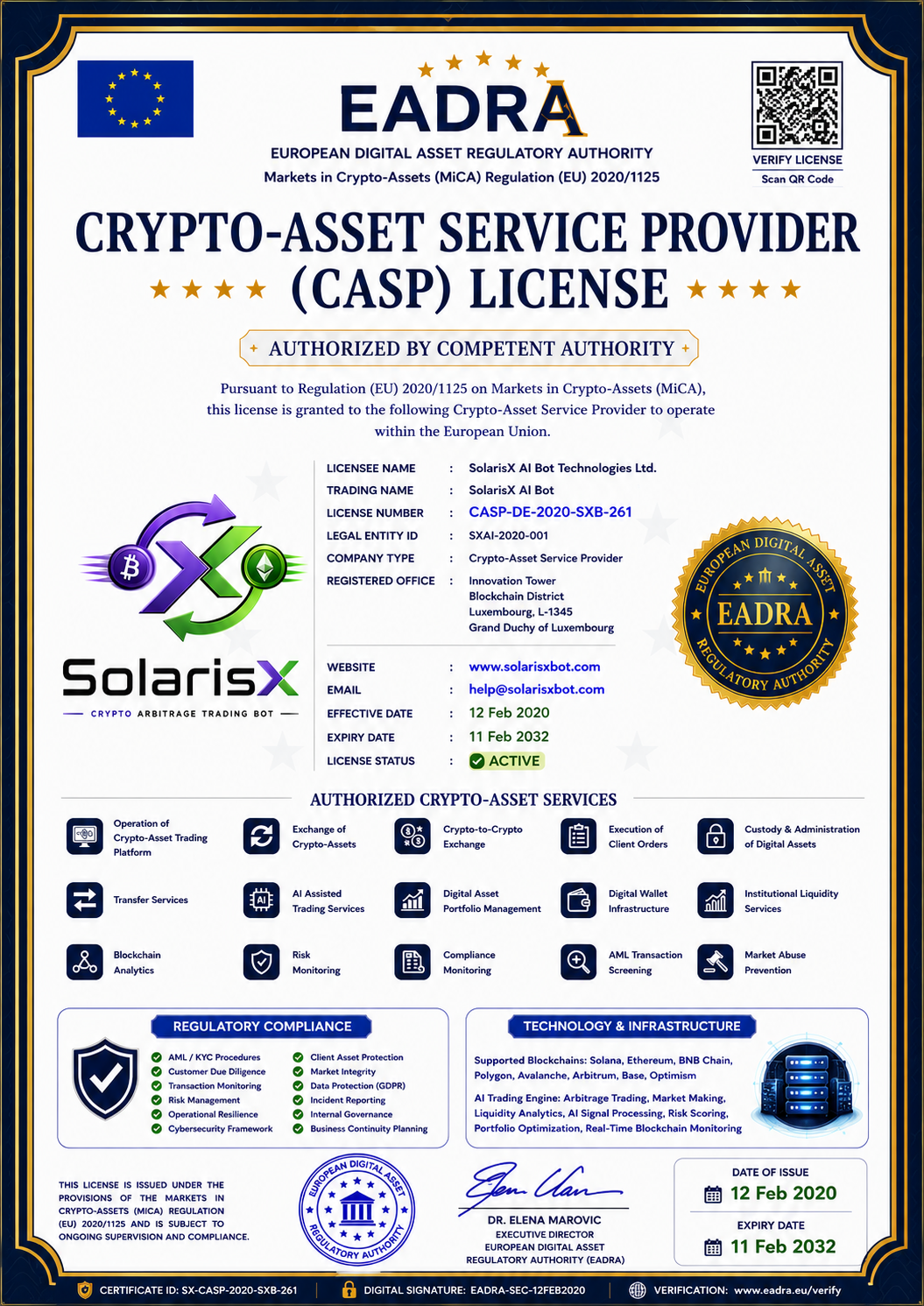 SolarisX AI Bot — EADRA CASP License Certificate (CASP-DE-2020-SXB-261)